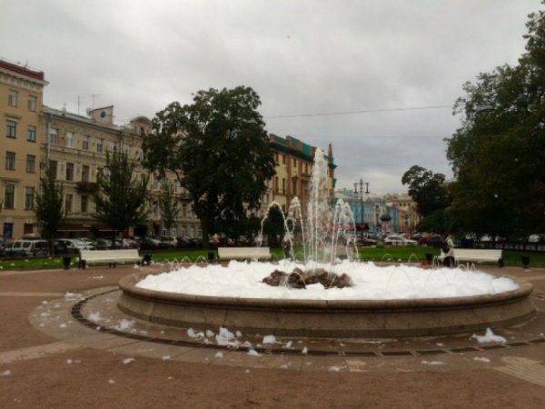 В Петербурге хулиганы залили фонтан на Манежной моющим средством